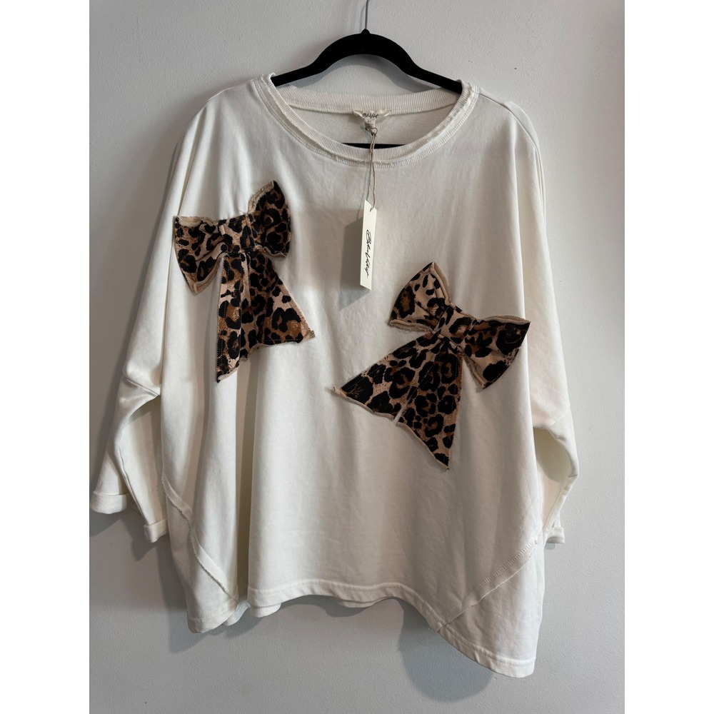 Blue Velvet Leopard Bow Sweatshirt Womens M White Oversized Raw Edge Hem
